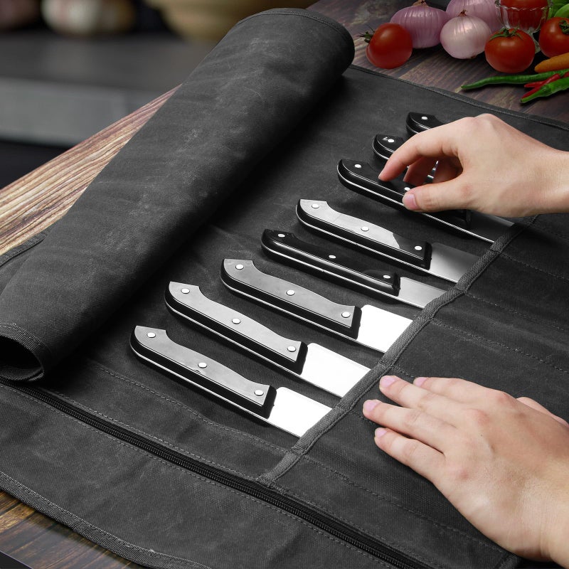 QEES Chef Knife Roll Bag,Waxed Canvas Knife Travel Case,Heavy Duty Professional Knife Carrier Storage Holder with 10 Slots,Portable Kitchen Culinary Tool Organizer for Men,Fits up to 18.8â€Knives.Black - Image 5